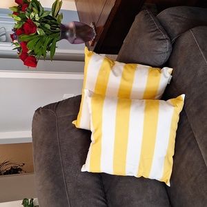 Four Yellow and White Striped Couch or Bedtop Throw Pillows 18" x 18"